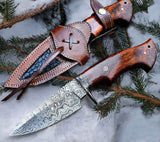 "Custom Handmade Damascus Steel Hunting Camping Knife with Rosewood-Damascus Guard Handle, 9.5 Inches, and Leather Sheath, Available at KBS Knives Store"