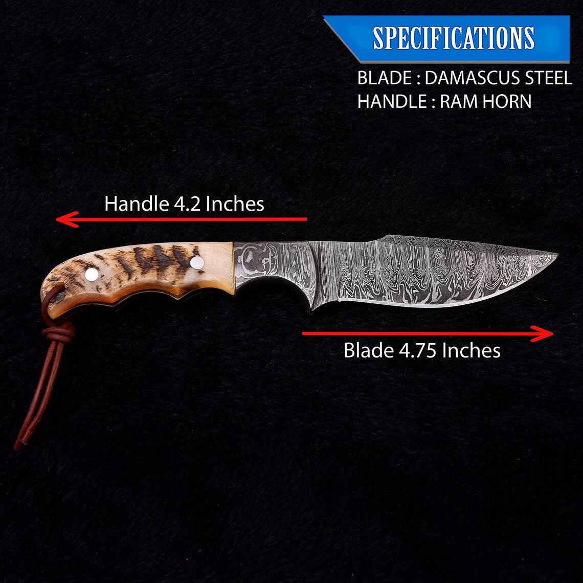 Custom Damascus steel skinning knife with sheep horn handle and Damascus bolster, 9 inches long.
