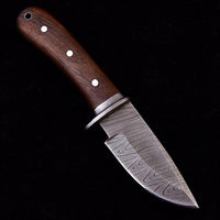 Good skinning knife with Damascus steel blade and walnut wood handle, Rockwell Hardness 55-58 HRC.
