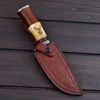 "Exquisite Custom Handmade Damascus Hunting Knife | Engraved Bone-Rose Wood Handle | 10 Inches | Leather Sheath | KBS Knives Store"