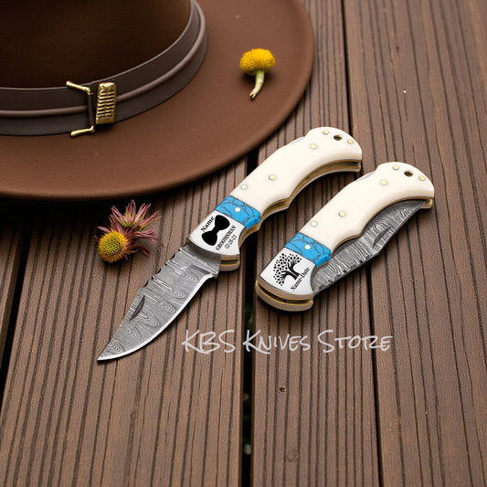 Pocket Knife 7" Folding with 3" Damascus Blade & Turquoise Bone Handle