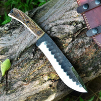 "Custom Handmade 1095 Forged Steel Hunting Camping Knife with Antler Horn Handle and Leather Sheath, 12.5 Inches, Available at KBS Knives Store"