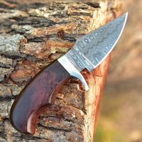 "Custom Handmade Damascus Steel EDC Skinning Knife with Rosewood Handle and Leather Sheath, 7 Inches, Available at KBS Knives Store"