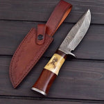 "Exquisite Custom Handmade Damascus Hunting Knife | Engraved Bone-Rose Wood Handle | 10 Inches | Leather Sheath | KBS Knives Store"