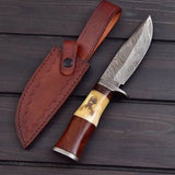 "Exquisite Custom Handmade Damascus Hunting Knife | Engraved Bone-Rose Wood Handle | 10 Inches | Leather Sheath | KBS Knives Store"