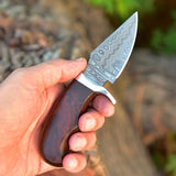 "Custom Handmade Damascus Steel EDC Skinning Knife with Rosewood Handle and Leather Sheath, 7 Inches, Available at KBS Knives Store"