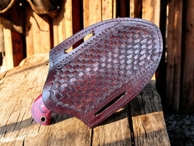 Complete 7 inch Damascus steel bull cutter knife with Western leather sheath