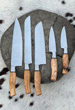 5 Pcs Custom Handmade Stainless Steel Kitchen Knives Set With Olive Wood Handles and Leather Roll - KBS Knives Store