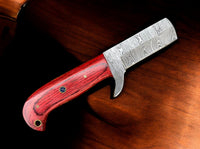 Red exotic wood handle on Damascus Bull Cutter knife.