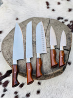 5 Piece Custom Handmade Stainless Steel Kitchen Knives Set with Leather Roll and Rosewood Handles" by KBS Knives Store