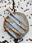 5 Piece Custom Handmade Acid Washed Stainless Steel Kitchen Knives Set with Leather Roll and Burly Wenge Wood Handles" by KBS Knives Store