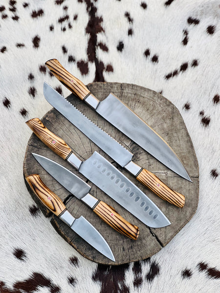 5 Piece Custom Handmade Acid Washed Stainless Steel Kitchen Knives Set with Leather Roll and Burly Wenge Wood Handles" by KBS Knives Store