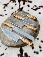 5 Piece Custom Handmade Acid Washed Stainless Steel Kitchen Knives Set with Leather Roll and Burly Wenge Wood Handles" by KBS Knives Store