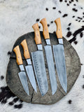 Custom Handmade Acid Washed Stainless Steel Kitchen Knife Set with Olive Wood Handle and Leather Roll - 5 Pieces by KBS Knives Store