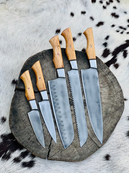 Custom Handmade Acid Washed Stainless Steel Kitchen Knife Set with Oli –  KBS Knives Store