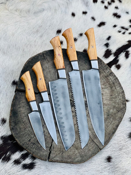 Handmade Damascus Steel Blade Kitchen Knife Set 5pcs Best Damascus Chef Knife Set Professional Kitchen Cooking Knives with Leather Case/Bag