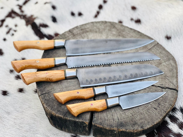 Custom Handmade Damascus Steel Kitchen Knife Set with Olive Wood