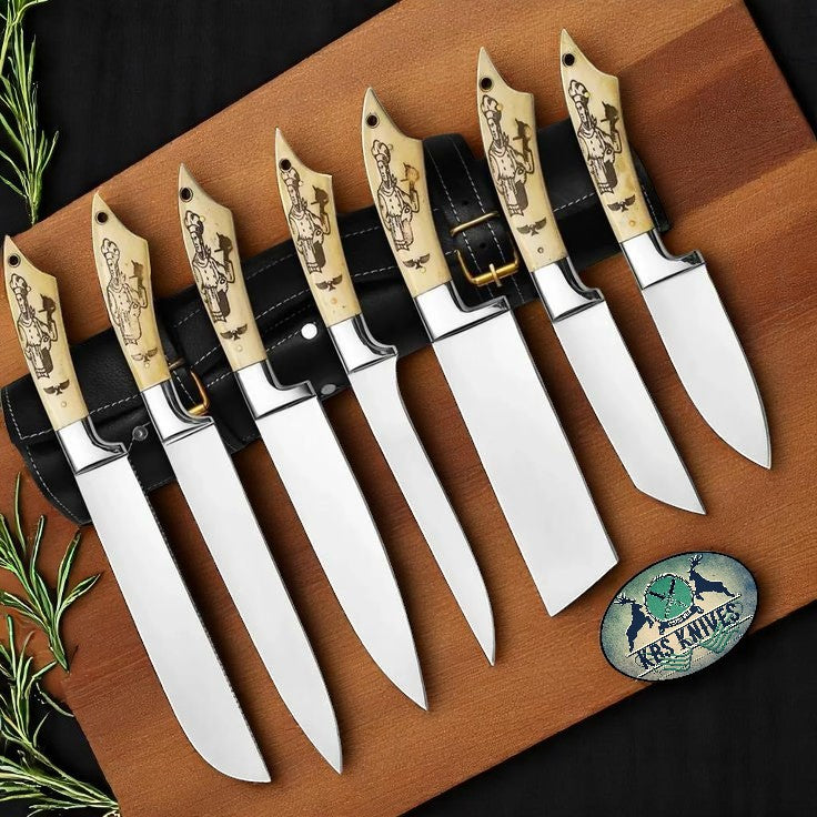 "Engraved bone handle stainless knife set"

