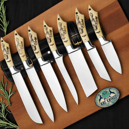 "Engraved bone handle stainless knife set"

