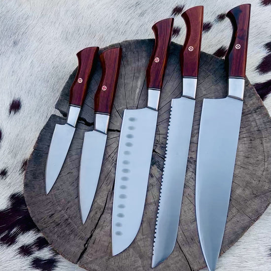 5 Piece Custom Handmade Stainless Steel Kitchen Knives Set with Leather Roll and Rosewood Handles" by KBS Knives Store