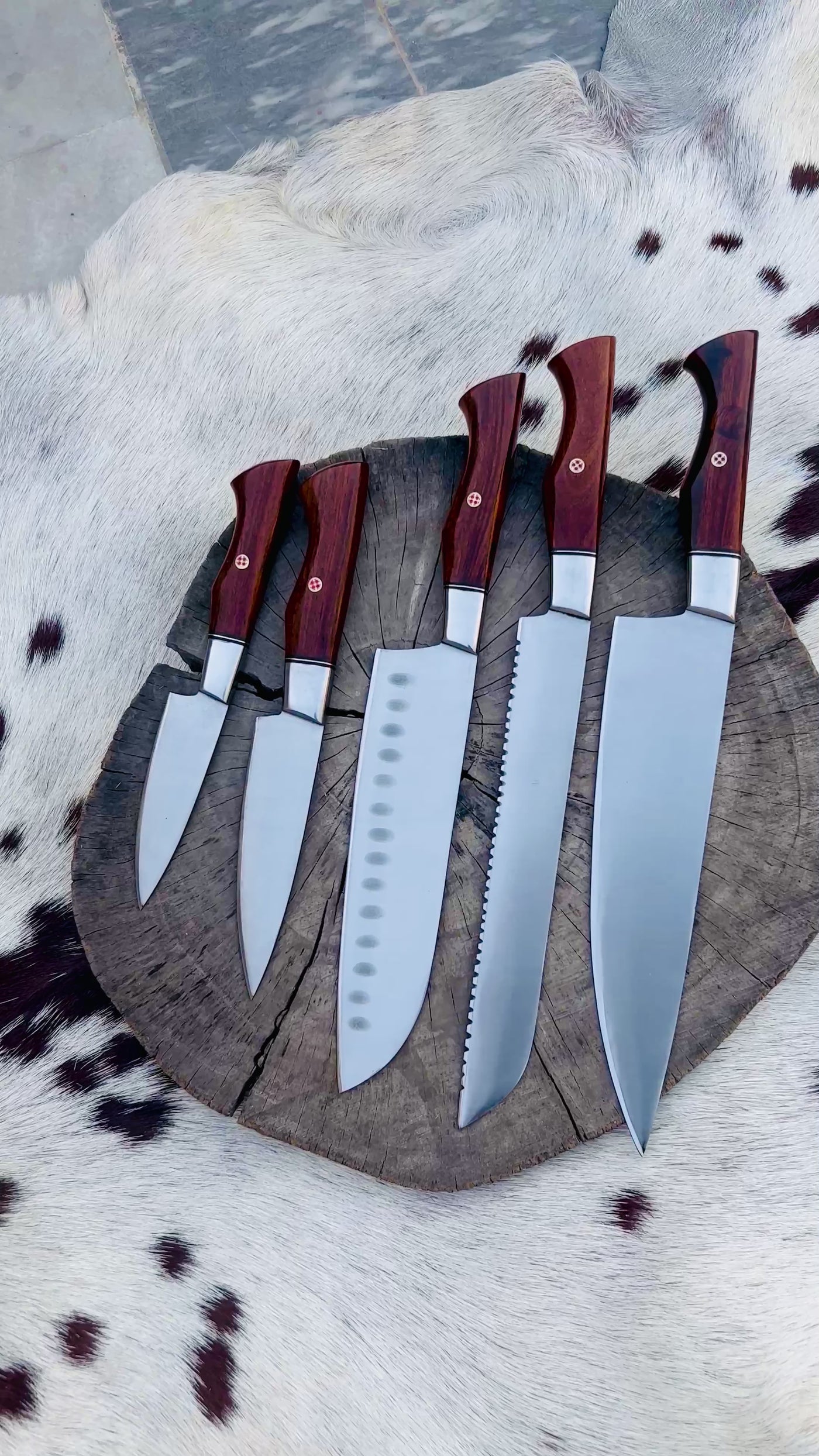 5 Piece Custom Handmade Stainless Steel Kitchen Knives Set with Leather Roll and Rosewood Handles" by KBS Knives Store