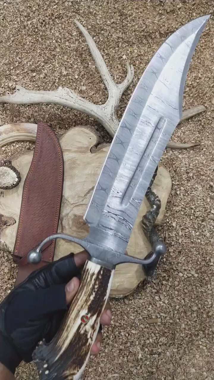 Custom Damascus Bowie Knife with 15-Inch Blade and Premium Leather Sheath