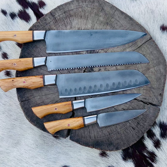 Custom Handmade Acid Washed Stainless Steel Kitchen Knife Set with Olive Wood Handle and Leather Roll - 5 Pieces by KBS Knives Store