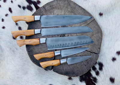 Custom Handmade Acid Washed Stainless Steel Kitchen Knife Set with Olive Wood Handle and Leather Roll - 5 Pieces by KBS Knives Store