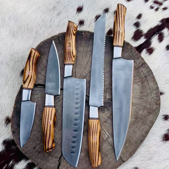 5 Piece Custom Handmade Acid Washed Stainless Steel Kitchen Knives Set with Leather Roll and Burly Wenge Wood Handles" by KBS Knives Store