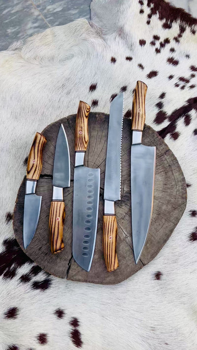5 Piece Custom Handmade Acid Washed Stainless Steel Kitchen Knives Set with Leather Roll and Burly Wenge Wood Handles" by KBS Knives Store