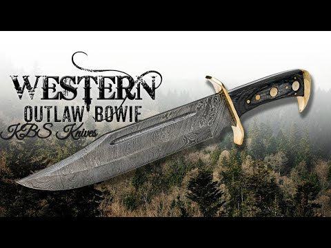 Custom Western Outlaw Bowie Knife with premium leather sheath, designed for serious collectors
