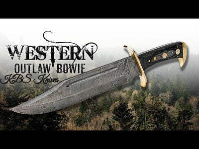 Custom Western Outlaw Bowie Knife with premium leather sheath, designed for serious collectors