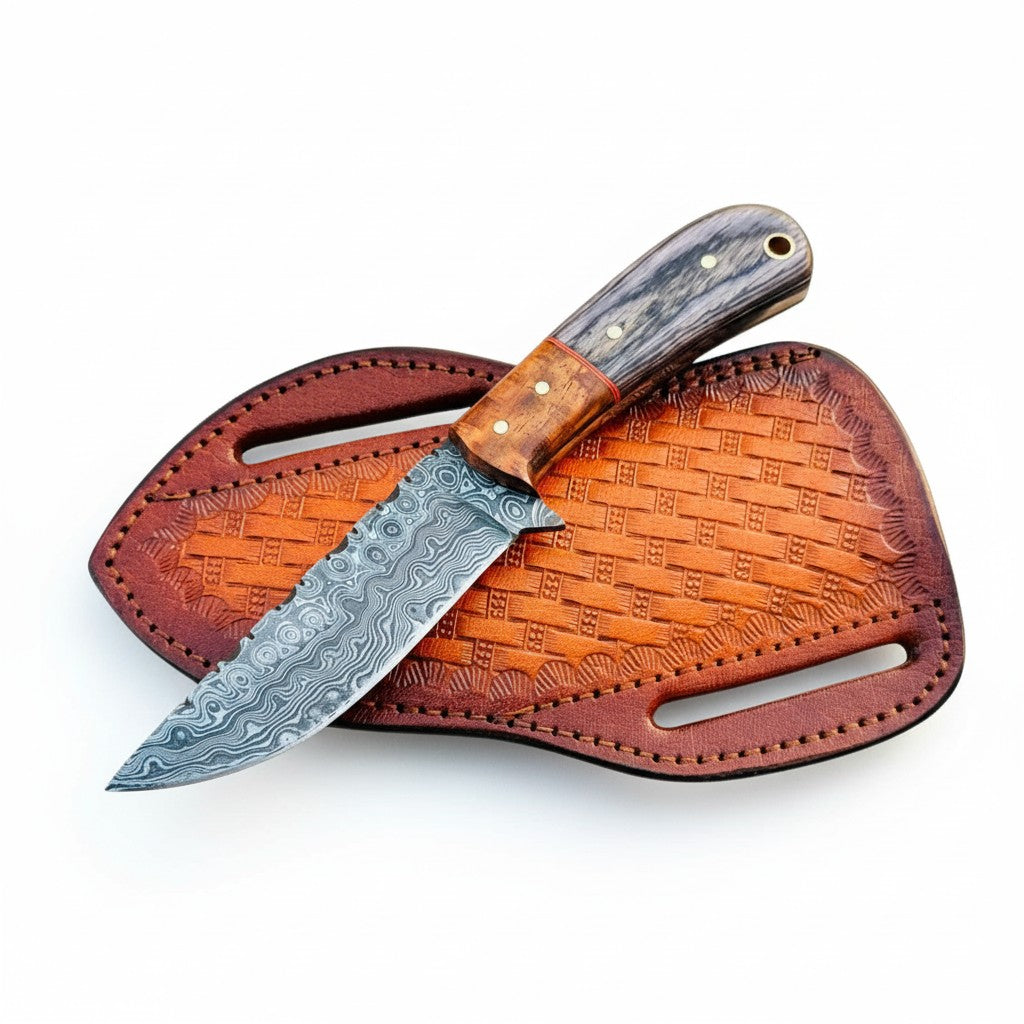 Waistband Knife 3.8" Raindrop Damascus Blade with Rose & Exotic Wood