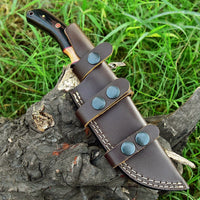 Wilderness Wanderer: Hunting Knife with Twist Damascus Steel Blade, Wenge Wood and Olivewood Handle, and Leather Sheath