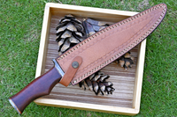 Wilderness Master: Hunting Bowie Knife with Damascus Steel Blade, Rosewood Handle, Damascus Guard, and Leather Sheath