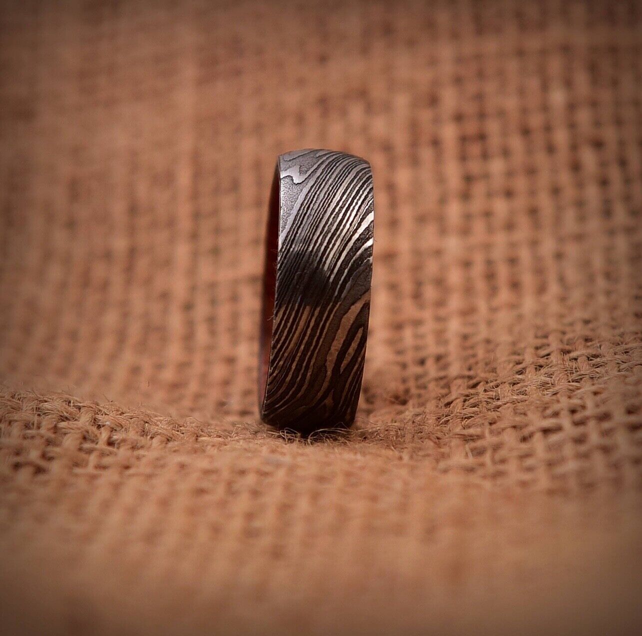 Timeless Bond Damascus Steel Anniversary Ring with Wooden Inlay by KBS Knives Store