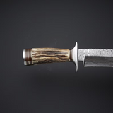 Bowie knife with Twist Damascus steel blade, Antler Horn handle, and steel guard, presented with a leather sheath.