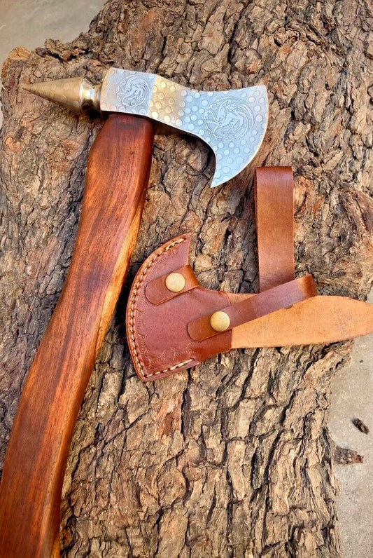 Close-up of the engraved blade on the Redwood Warrior Tomahawk axe