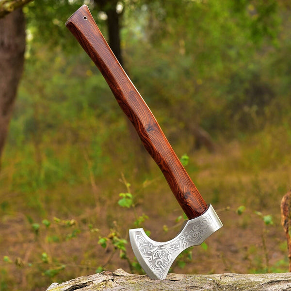 Custom Handmade Hand Engraved High Carbon Steel Viking Tomahawk Axe with Rosewood Handle by KBS Knives Store