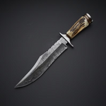 Bowie knife with Twist Damascus steel blade, Antler Horn handle, and steel guard, presented with a leather sheath.