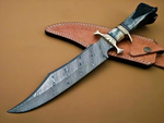 Bowie knife with Twist Damascus steel blade, Bone handle, Brass guards, and Leather sheath. An essential tool for outdoor enthusiasts and collectors alike.