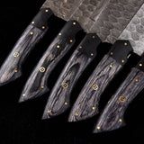 5-piece kitchen knives set with forged Twist Damascus steel blades, Exotic Wood and Buffalo horn handles, presented in a leather roll. Culinary refinement at its finest.