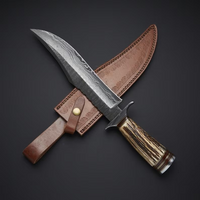 Bowie knife with Twist Damascus steel blade, Antler Horn handle, and steel guard, presented with a leather sheath.