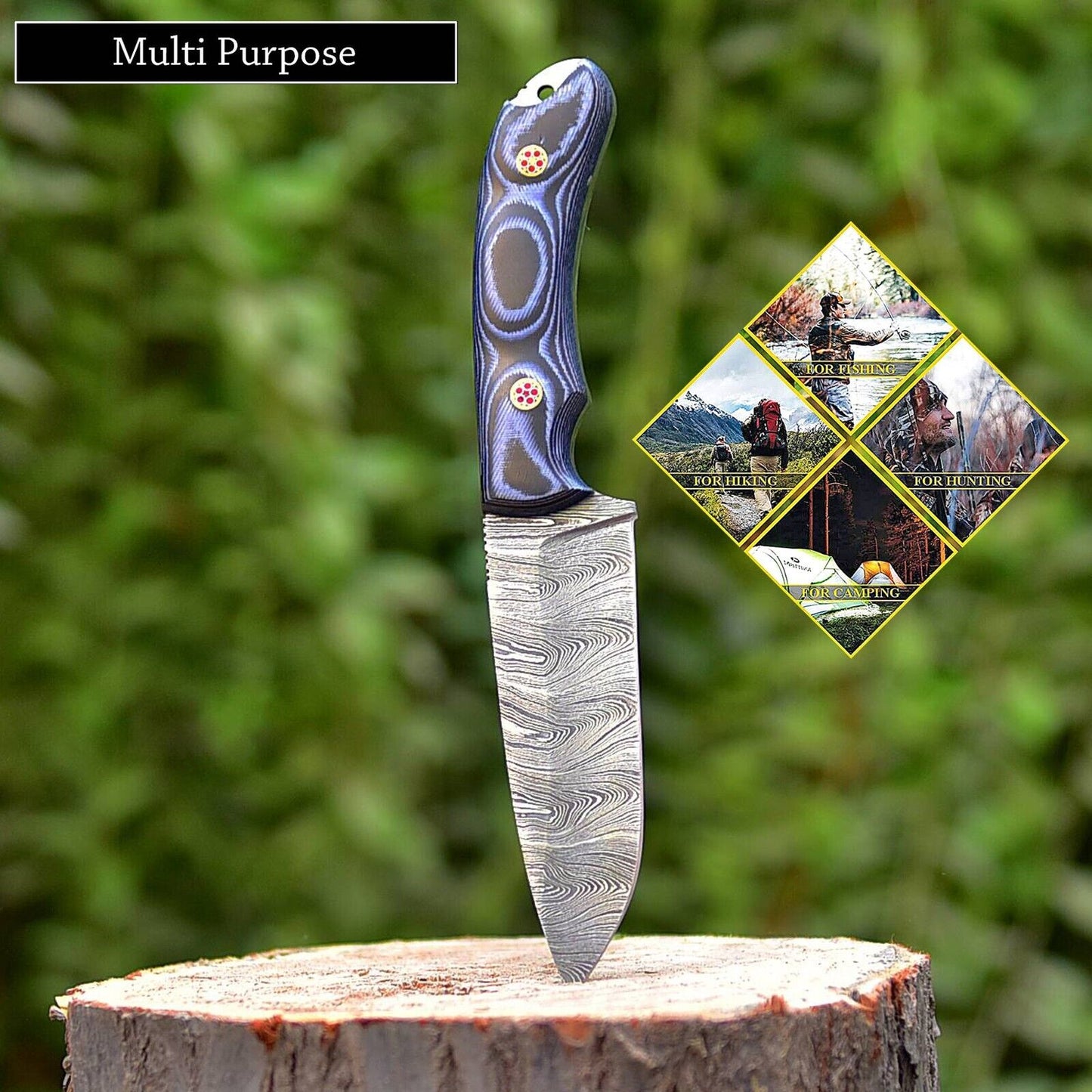 Hunting knife with Twist Damascus steel blade and Micarta G10 handle, presented with a leather sheath. An essential tool for outdoor exploration and wilderness survival.