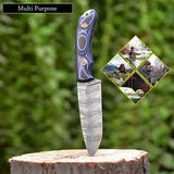 Hunting knife with Twist Damascus steel blade and Micarta G10 handle, presented with a leather sheath. An essential tool for outdoor exploration and wilderness survival.