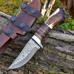 Custom Handmade Damascus Steel Hunting Knife with Rosewood, Stag Horn and Steel Guard Handle - 9 Inches by KBS Knives Store