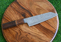 Custom Handmade Santoku knife with Damascus steel blade, Rosewood handle with Olivewood spacer, and leather roll. Perfect for precision cutting in the kitchen.