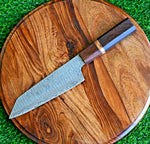 Custom Handmade Santoku knife with Damascus steel blade, Rosewood handle with Olivewood spacer, and leather roll. Perfect for precision cutting in the kitchen.
