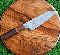 Custom Handmade Santoku knife with Damascus steel blade, Rosewood handle with Olivewood spacer, and leather roll. Perfect for precision cutting in the kitchen.