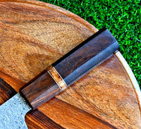 Custom Handmade Santoku knife with Damascus steel blade, Rosewood handle with Olivewood spacer, and leather roll. Perfect for precision cutting in the kitchen.